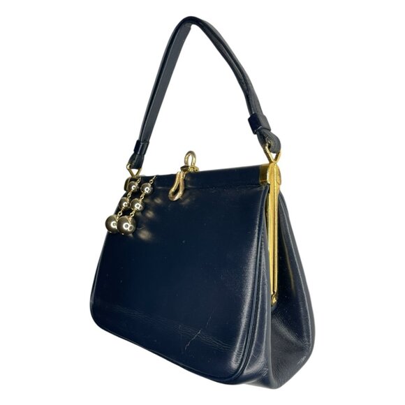Vintag Leather Handbag Goldtone Hardware Clamshell Closure Navy Blue - Picture 8 of 8